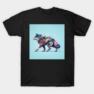 a wolf, minimalistic colorful organic forms, energy, assembled, layered, depth, alive vibrant, 3D, abstract, on a light blue background T-Shirt